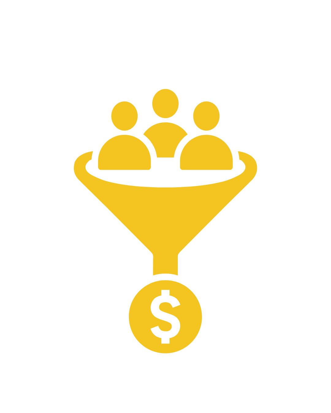 Yellow funnel icon with people entering and a dollar sign at the bottom, representing high lead volume conversion in business process services.