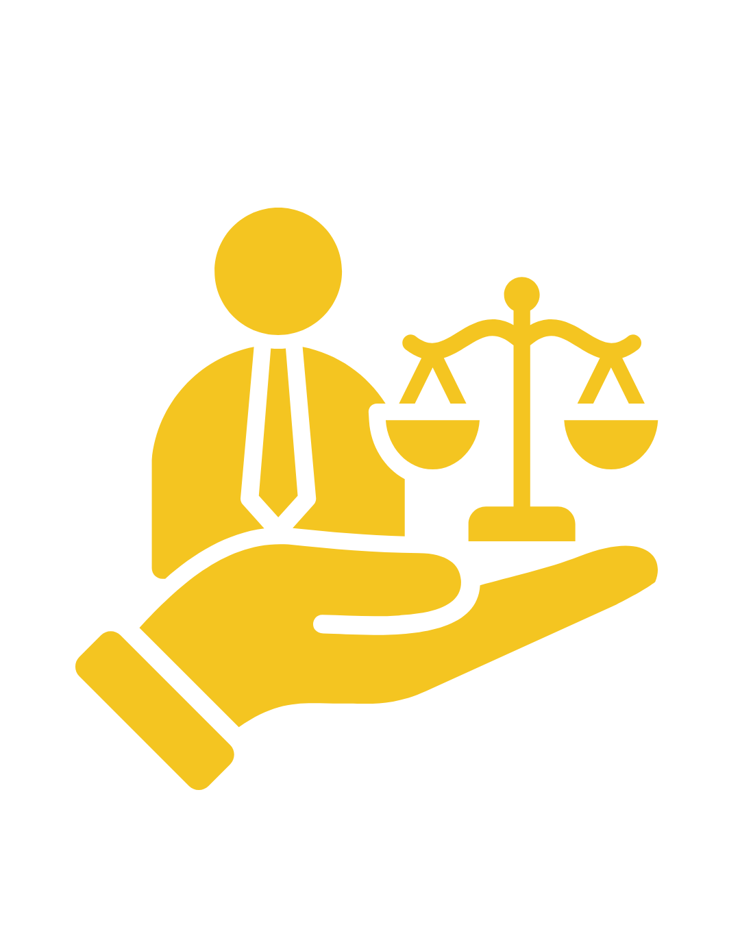 Icon with a lawyer, scale, and hand signifying legal management