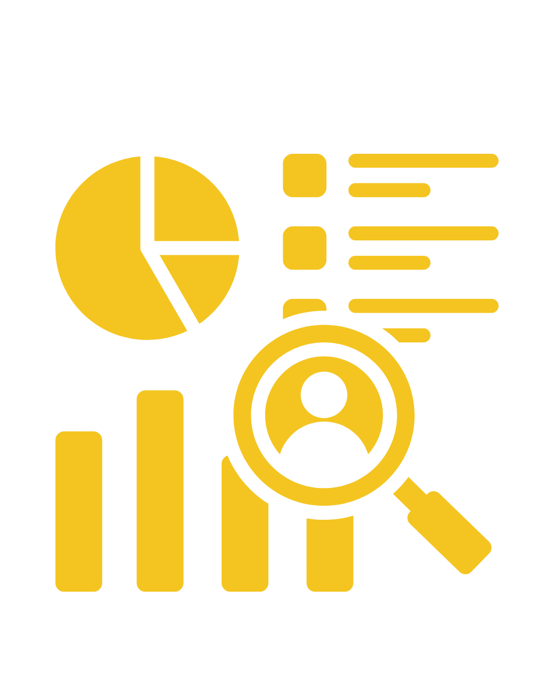 Product & Equipment Logistics 8 Icon of a pie chart, bar graph, checklist, and magnifying glass showcasing analytics and reporting.