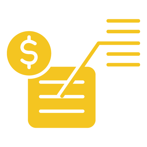 A golden icon showing a document with lines, connected to a dollar coin and more lines, symbolizing financial reporting and data-driven business insights.