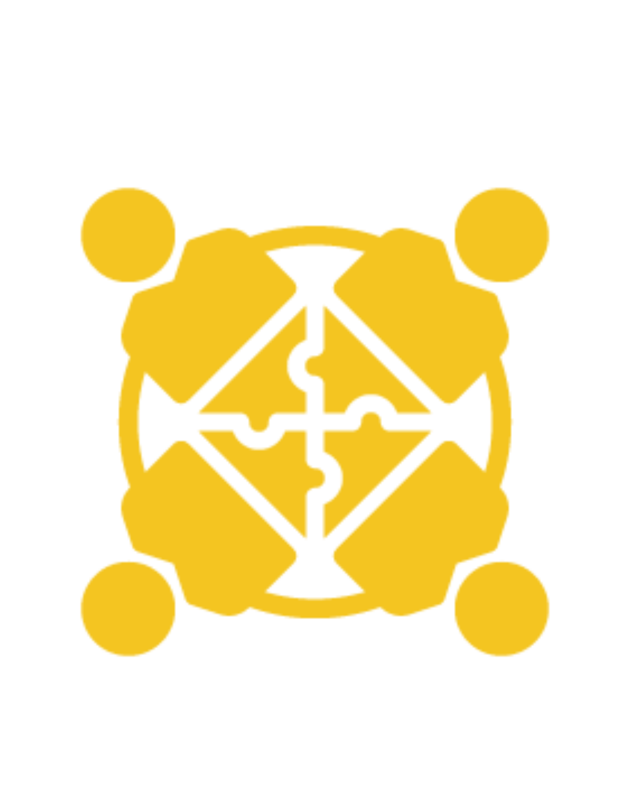 A golden abstract icon representing teamwork and collaboration, with four circular elements surrounding a central puzzle-like design symbolizing unity and partnership.
