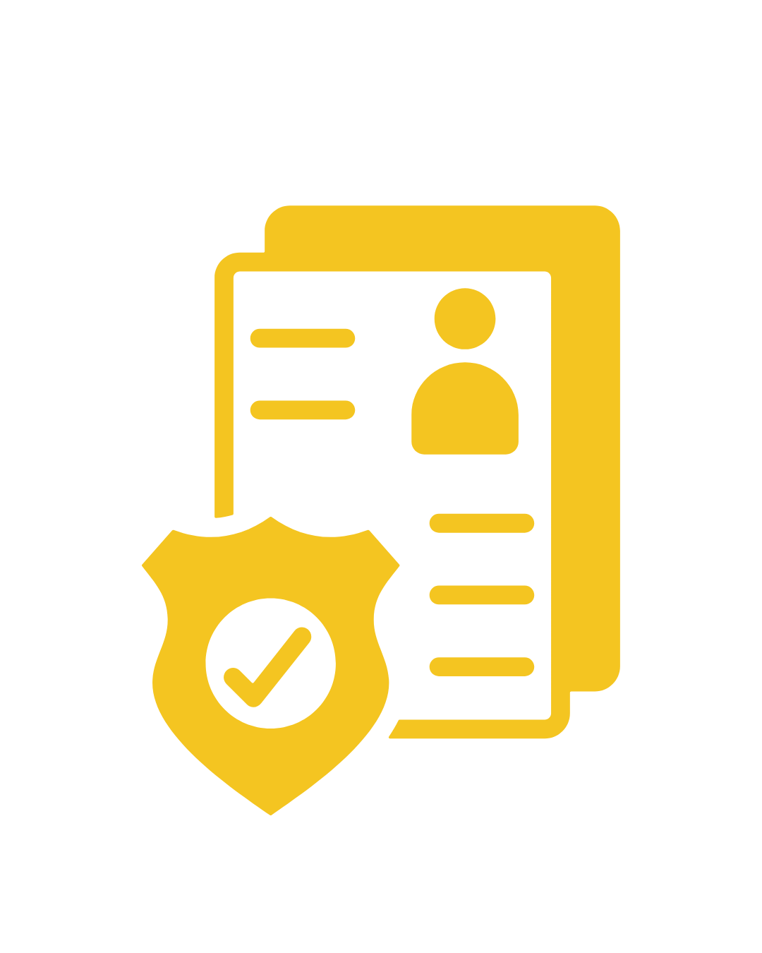 Yellow icon of a secure profile document with a checkmark badge, representing data protection and compliance in business process services.