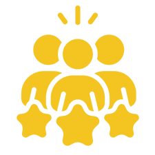 A golden icon showing a group of three expert figures with stars below them, symbolizing a team of highly skilled and top-rated professionals.