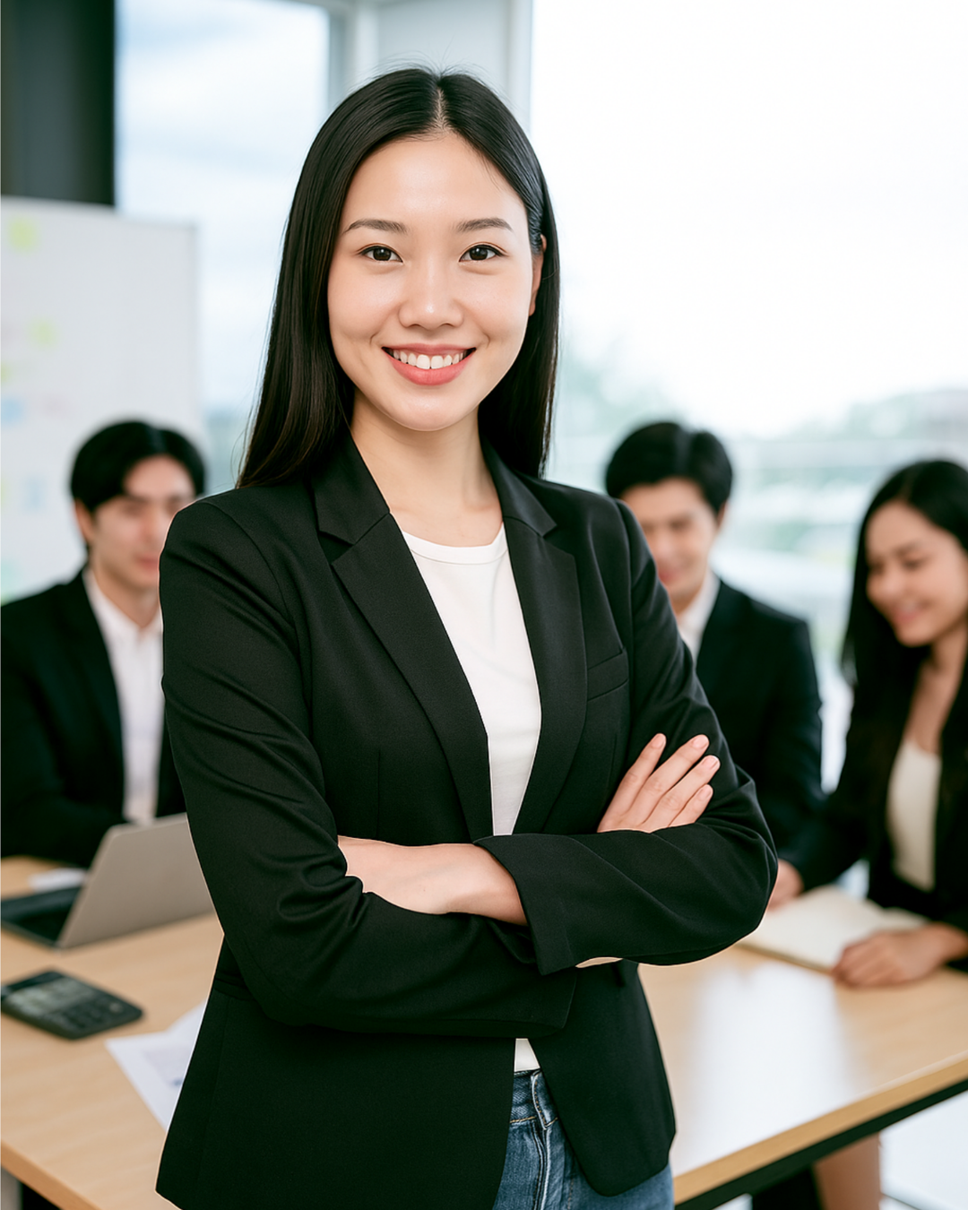 Confident Filipina professional smiling with arms crossed in a modern office, symbolizing leadership and a skilled workforce.